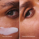 Vorher-Nachher der Viva Maia Shielding Sunscreen Textur an der Augenpartie, beim Auftragen und eine Minute später