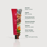 Infografik der Wirkstoffe im Viva Maia Shielding Sunscreen, von Zinkoxid bis Jojoba, mit ihren Hautvorteilen.