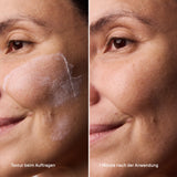Vorher-Nachher der Viva Maia Shielding Sunscreen Textur auf der Wange, beim Auftragen und eine Minute später.