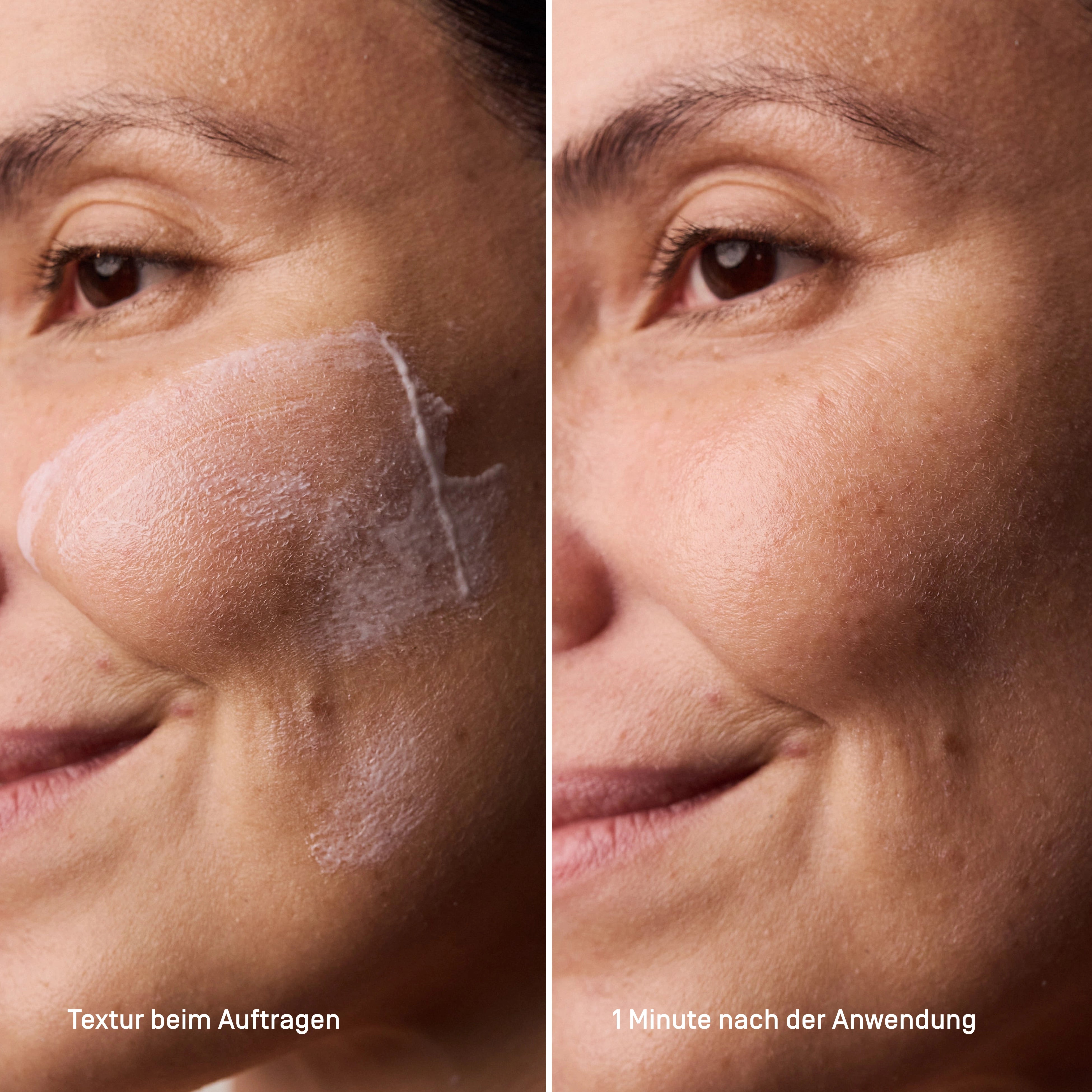 Vorher-Nachher der Viva Maia Shielding Sunscreen Textur auf der Wange, beim Auftragen und eine Minute später.